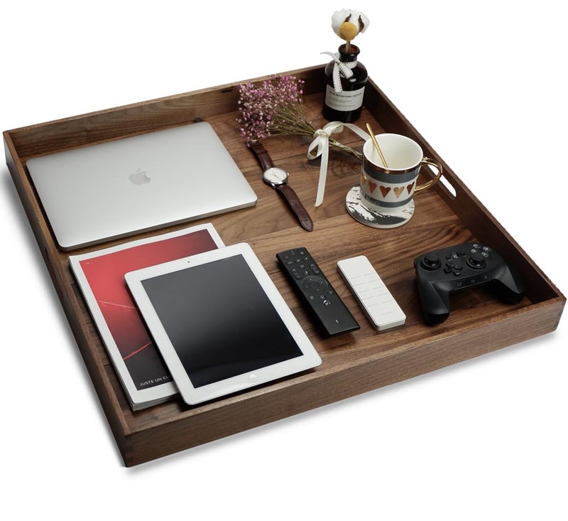 MAGIGO 24 x 24 Inches Extra Large Square Black Walnut Wood Ottoman Tray with Handles, Serve Tea, Coffee or Breakfast in Bed, Classic Wooden Decorative Serving Tray - Image 5